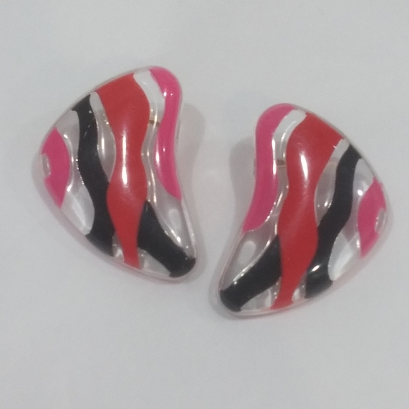 Avon Jewelry - Vintage 80s Boomerang Acrylic Earrings - Pink, Red & Black